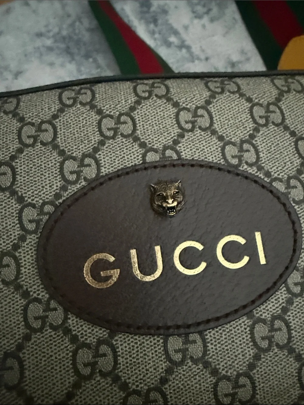 Gucci Beige GG Supreme Messenger Bag with Brown Trim and Green-Red Strap